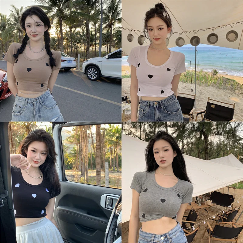 Brownm Brownm Thread Love Embroidery Short Sleeve T Shirt Female Girl High Waist Slim Summer 2024 New Inside With A Short Jacket