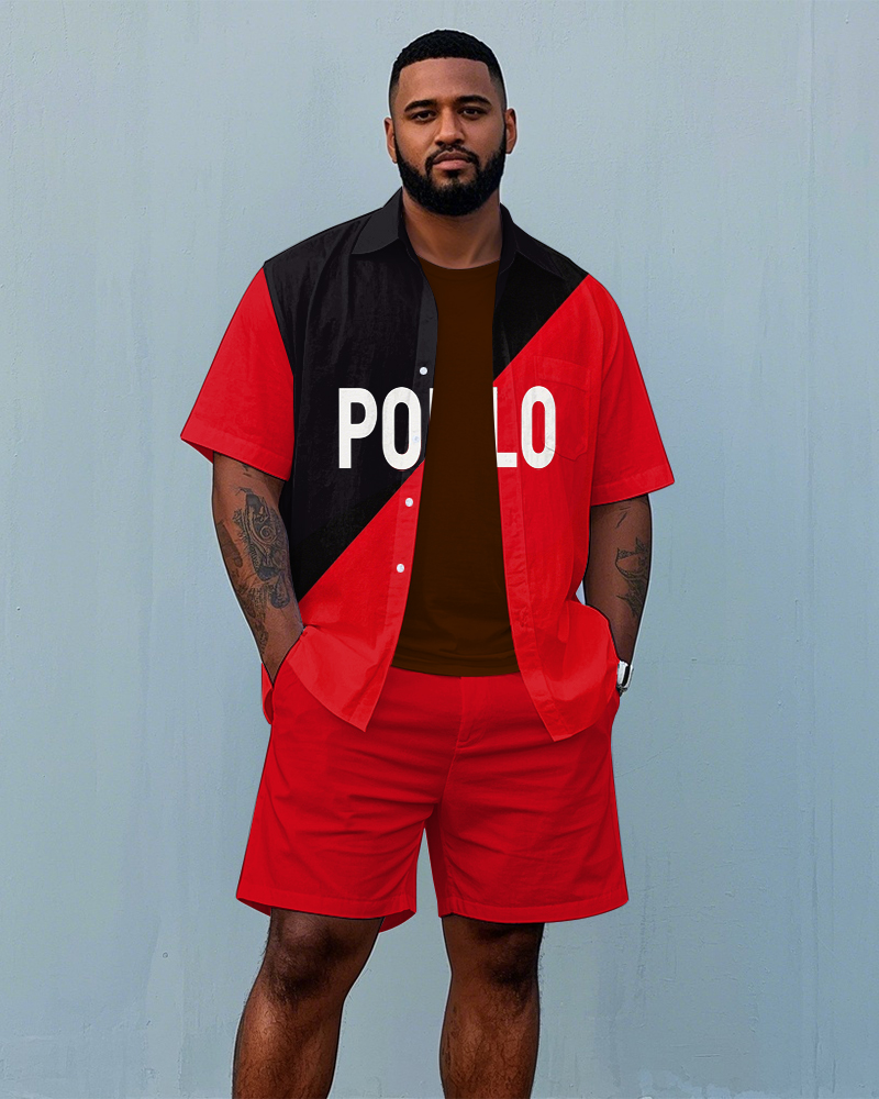 Men's Big and Tall Casual POLO Letter Splicing Color Block Printed Short Sleeve Shirt Shorts Set