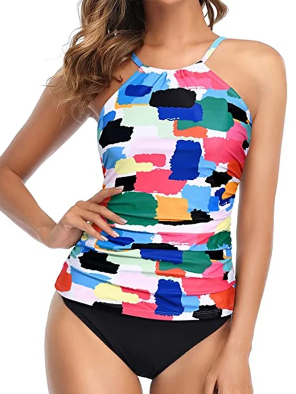 Floral Printed Halterneck High-Waisted Tankini Swimsuit