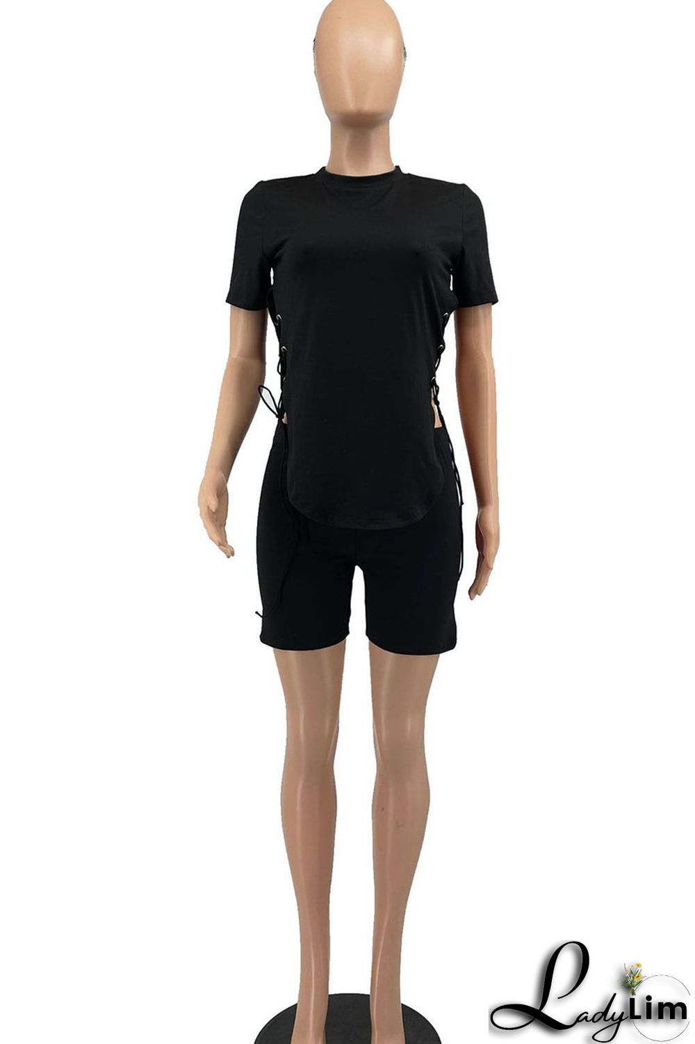 Burgundy Casual Solid Split Joint Frenulum Asymmetrical O Neck Short Sleeve Two Pieces