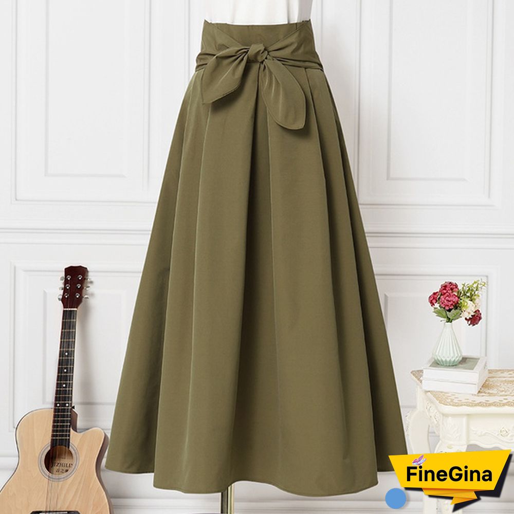 Summer Women Skirts Long Dress High Waist Bowknot Party Holiday Casual Pleated Umbrella Skirt Plus Size 4#