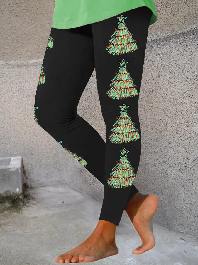 Women's Green Christmas Tree Print Stretch Leggings