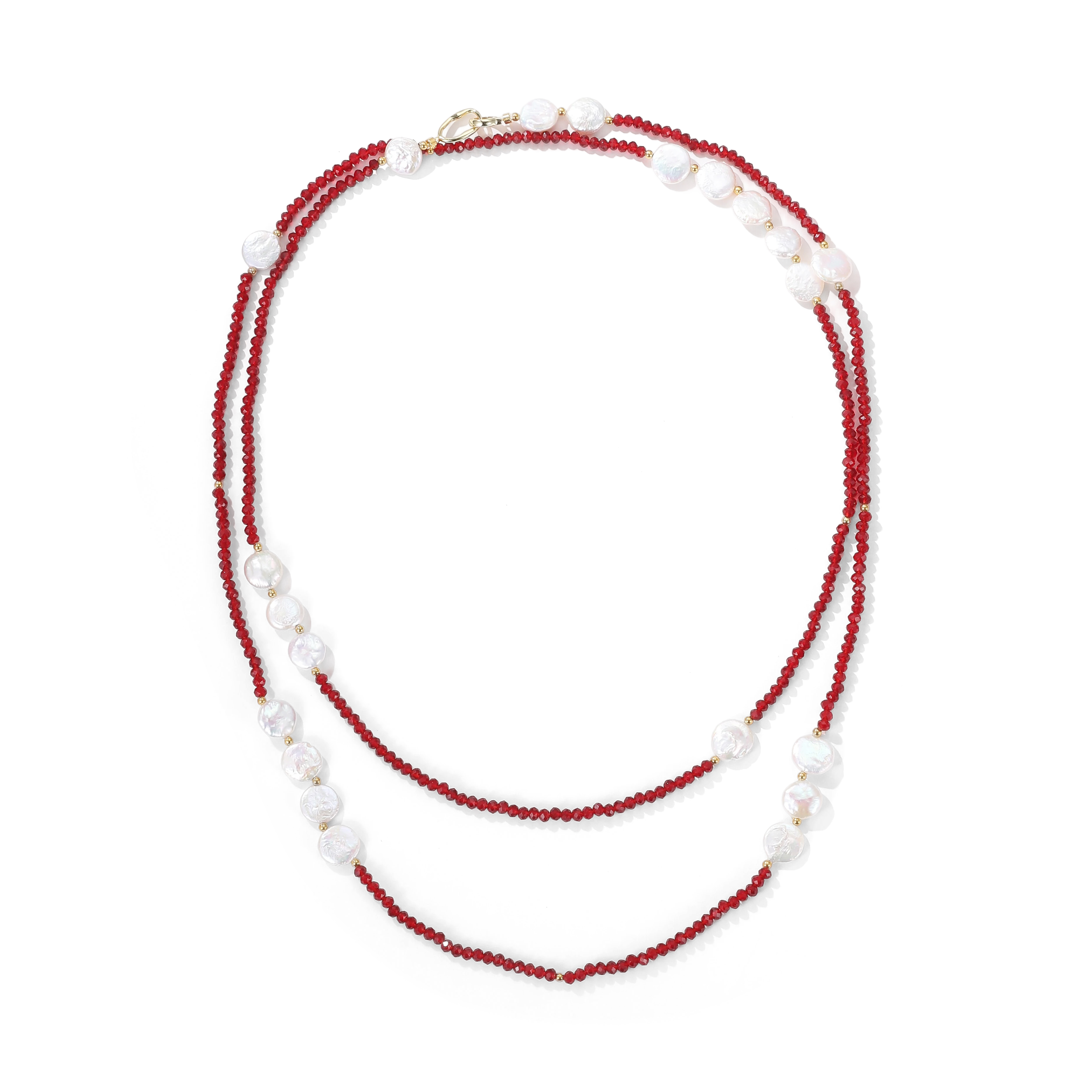 Crimson Crystal & Coin Baroque Pearl Long Necklace
