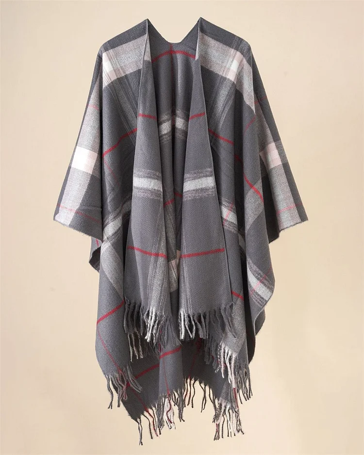 Women's Grey Plaid Casual Cape Shawl