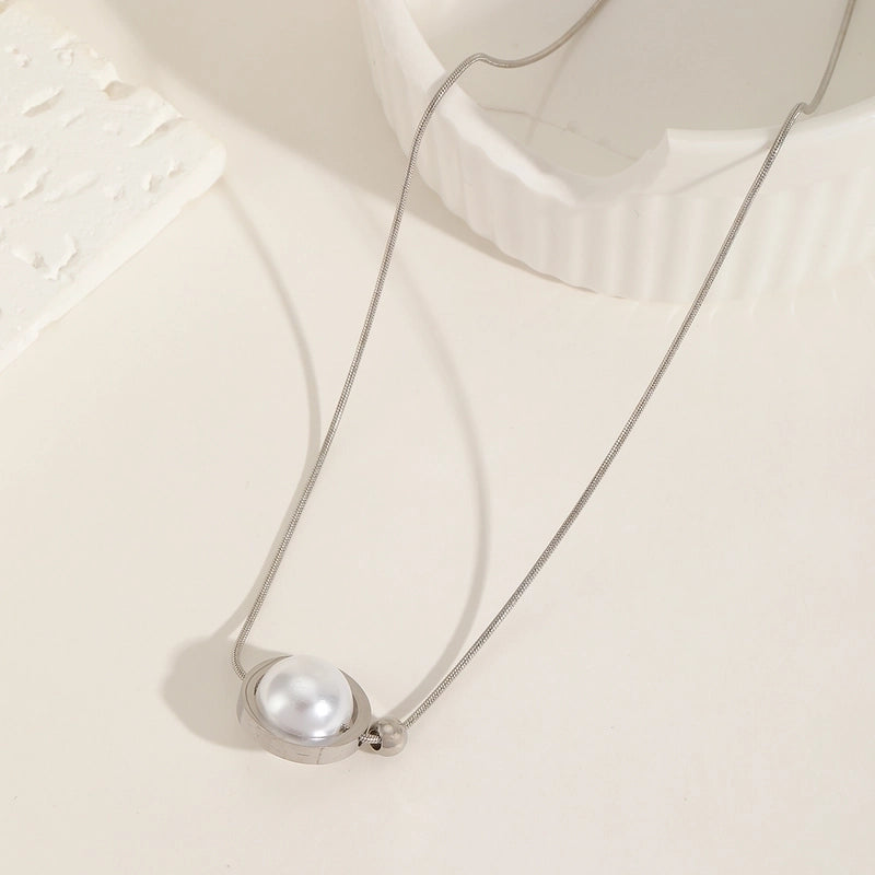 Casual Elegant Minimalist Round 304 Stainless Steel Imitation Pearl 18K Gold Plated Plating Inlay Pendant Necklace