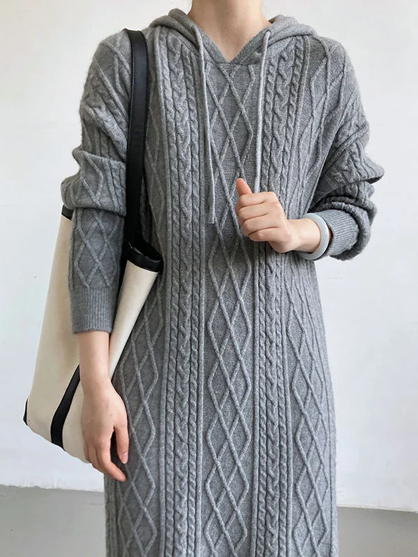 Original Creation Roomy Long Sleeves Jacquard Pure Color Hooded Sweater Dresses