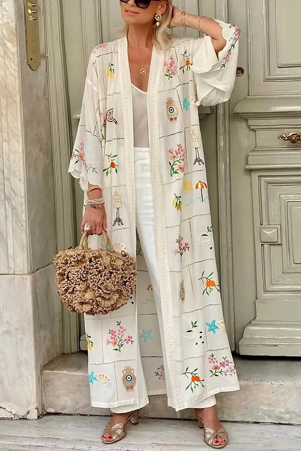 Sunday Stroll Unique Plaid Print Long Sleeve Midi Cover Up
