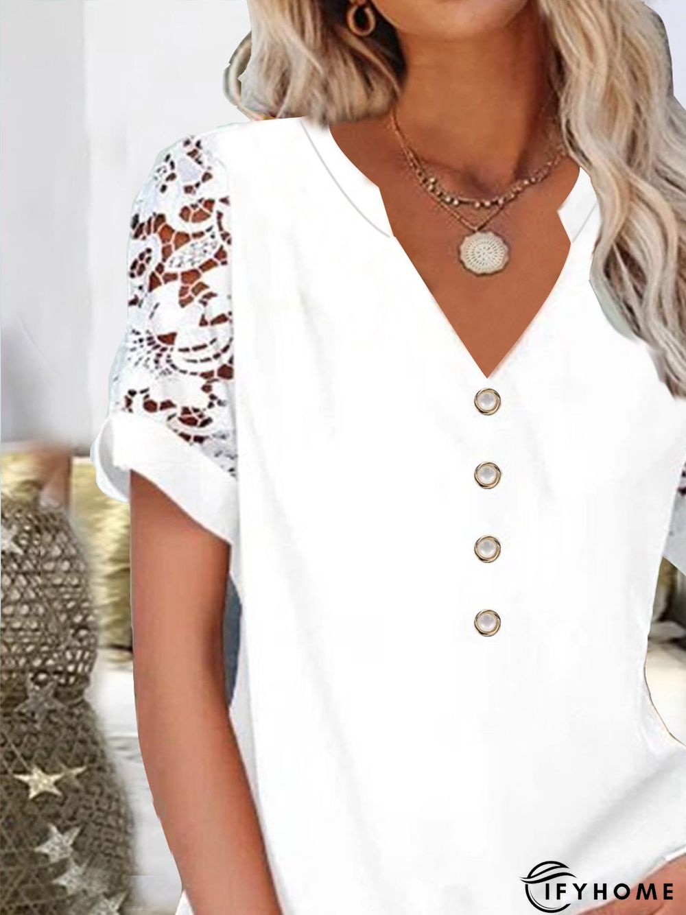 Plain Lace Buttoned Short Sleeve Tops | IFYHOME