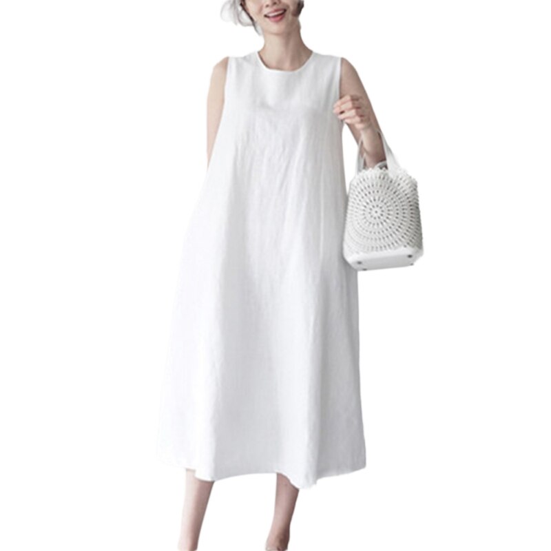 Women Summer New Korean Cotton And Linen Sleeveless Vest Loose Slim Linen Literary Knee Dress Female