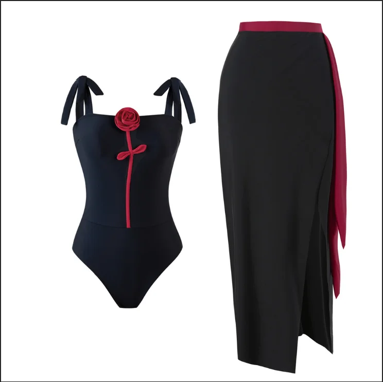 Qiaojianyuan 2025 New One-Piece Swimsuit Women's Tube Top Double-Shoulder Strap 3 Dstereo Rose Fashion Swimsuit Outfit
