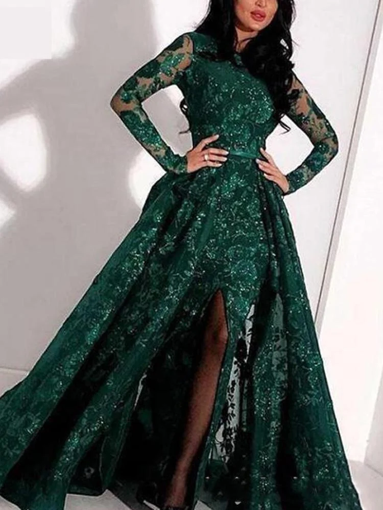 Promsstyle Promsstyle Sheer sleeve high waist slit swing dress Prom Dress 2023