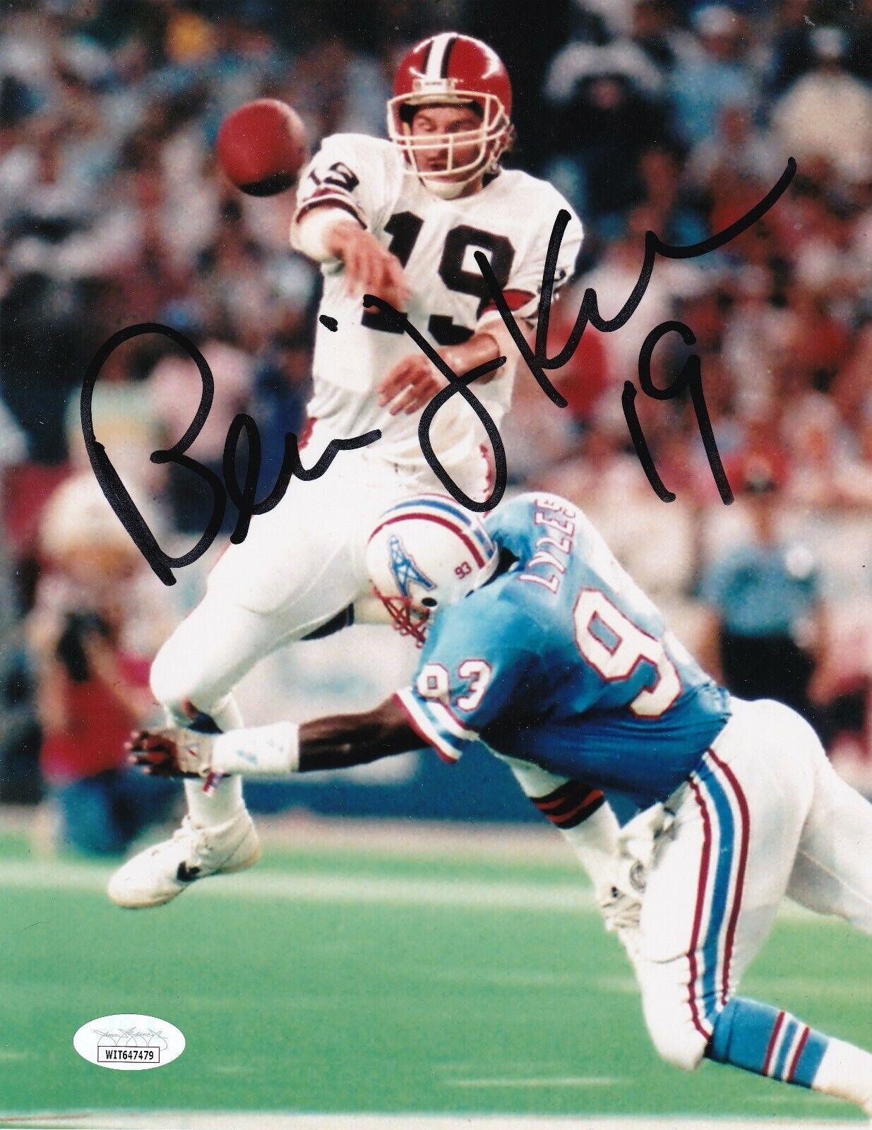 BERNIE KOSAR CLEVELAND BROWNS JSA AUTHENTICATED ACTION SIGNED 8X10