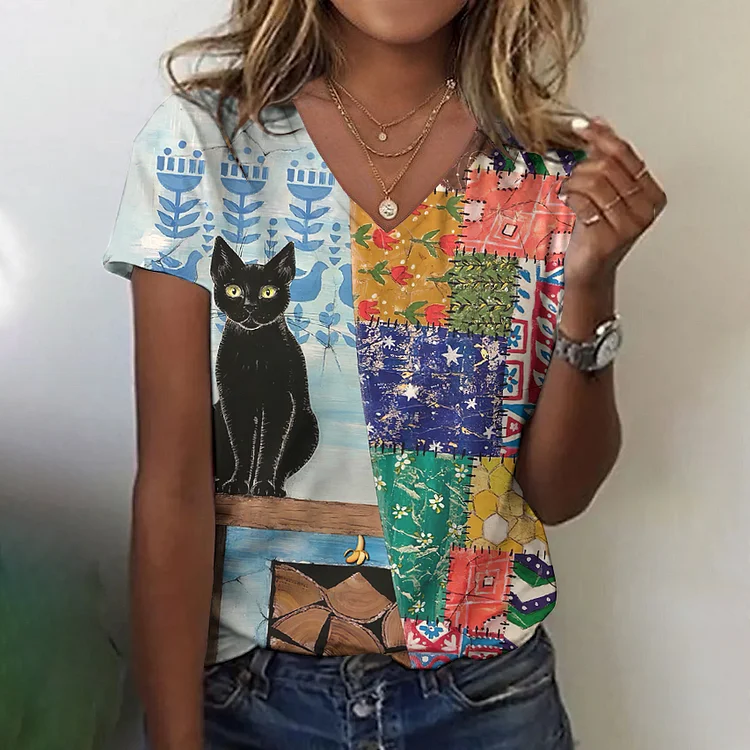 Simpfit Damen Vintage Lustiges Katzen-Blumenpatch-T-Shirt