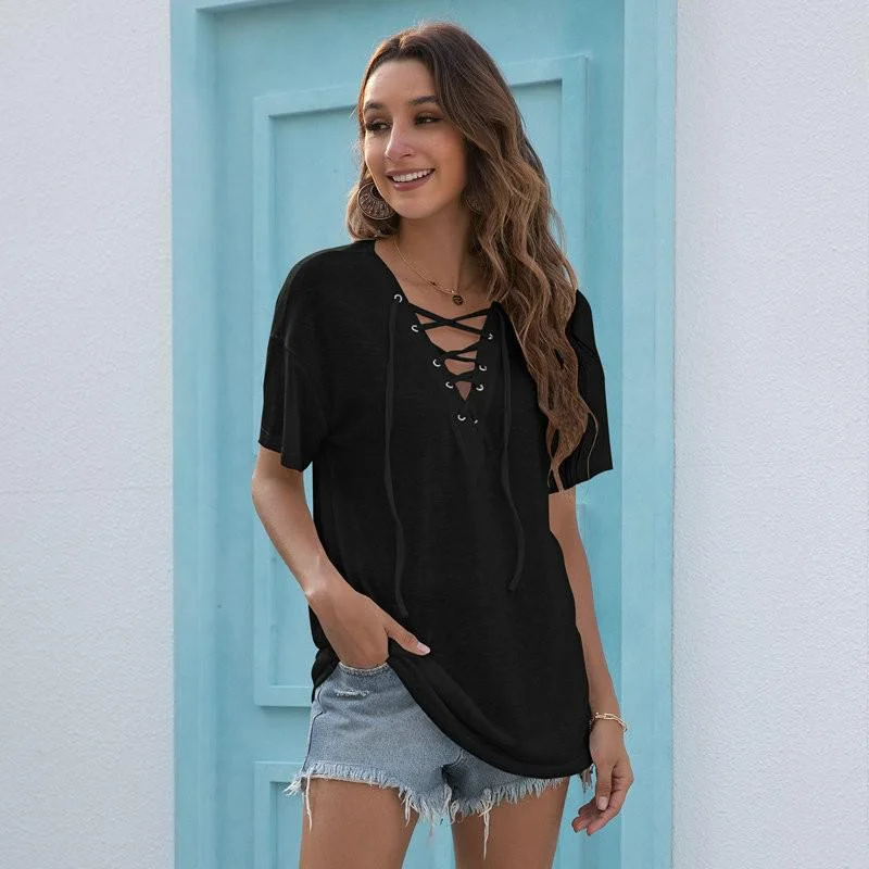 Jangj Grommet Eyelet Lace Up V-neck Short Sleeve Tee Tops Women Plain Casual Loose Cotton T Shirt Women Summer Clothes