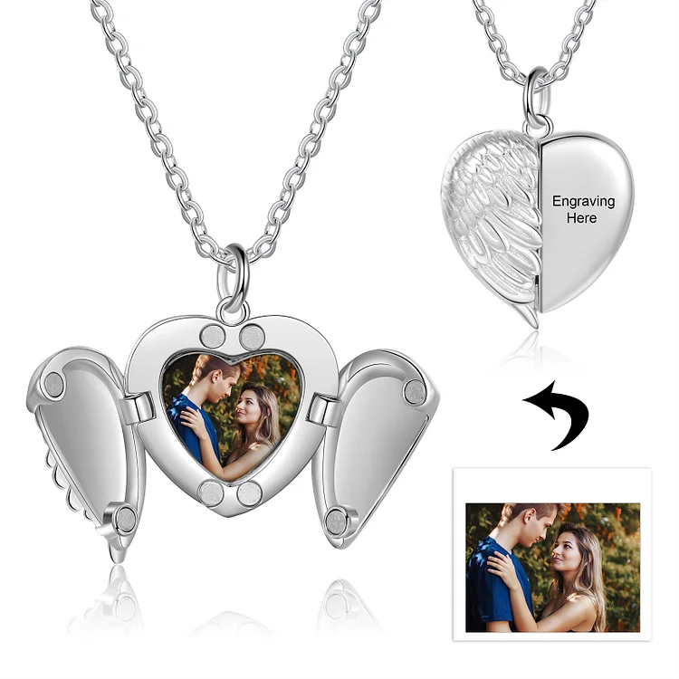 Angel Wing Photo Necklace Personalized Photo Necklace Heart Locket with Engraving