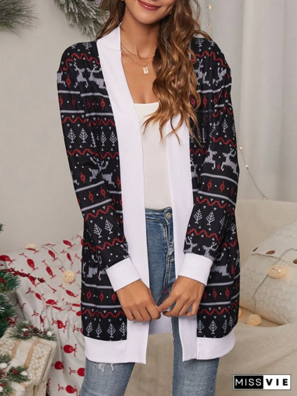 Ladies Christmas Fashion Women V-Neck Elk Printed Cardigan