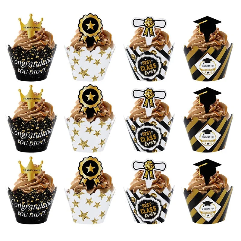 24pcs/set Graduation Party Cupcake Wrappers with Cake Topper Congratulation College Grad Party Decoration Supplies Class of 2022