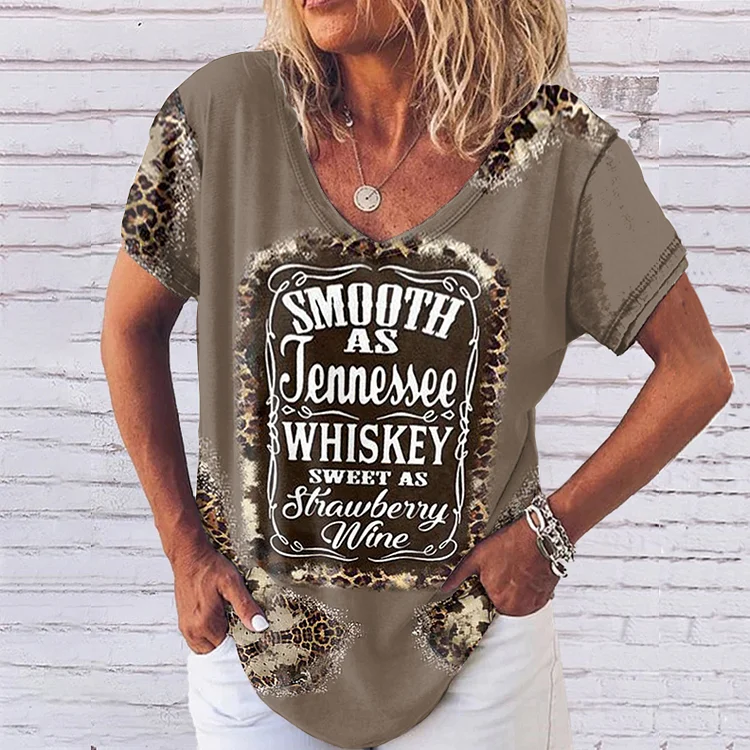 Wearshes Western Print V Neck Short Sleeve Casual T-Shirt