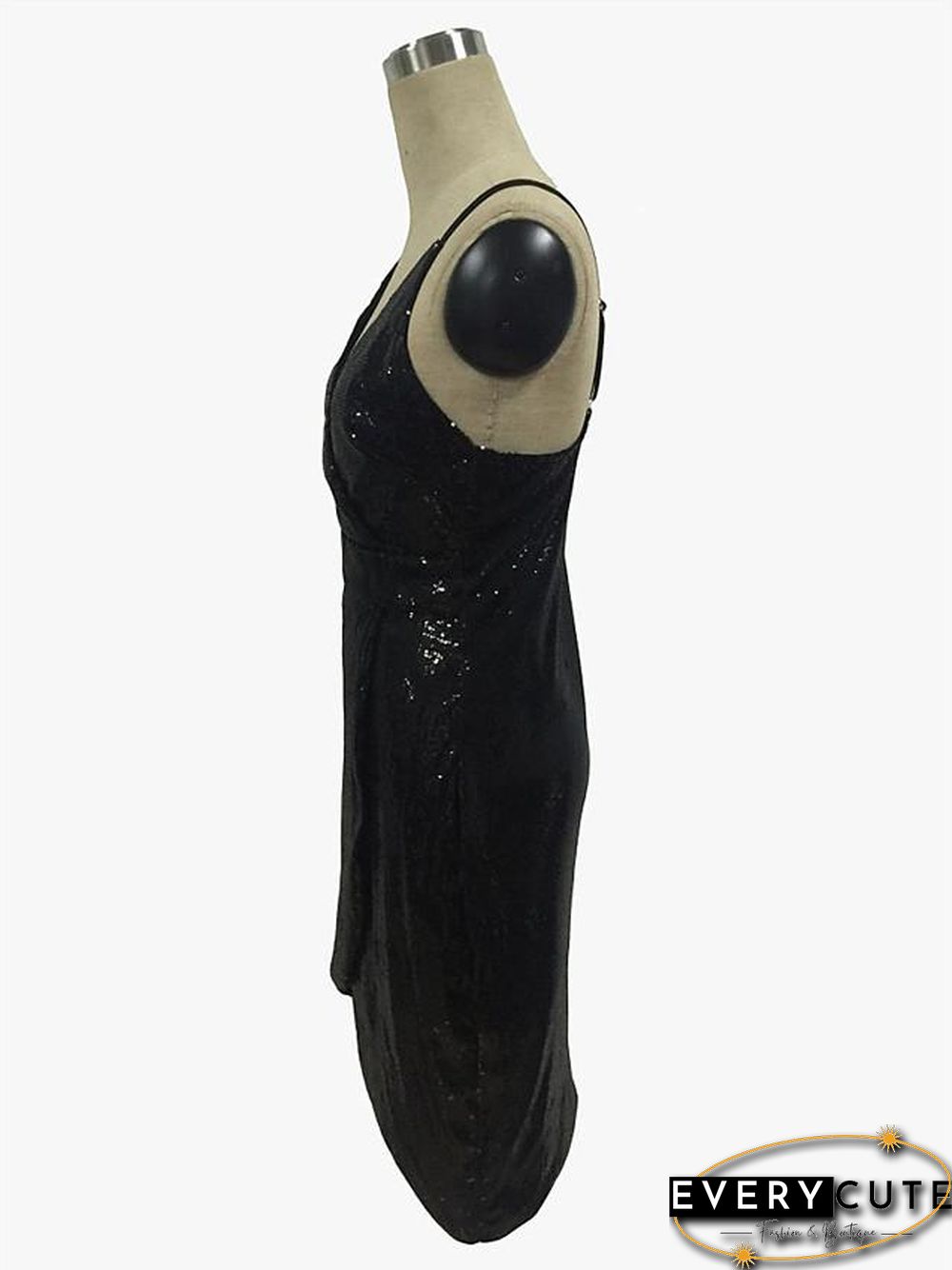 Womens Strap Dress Knee Length Black Sleeveless Solid Color Backless Sequins Summer Neck