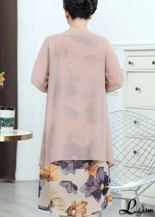 Chic Pink O-Neck Print Patchwork Chiffon Two Piece Suit Summer