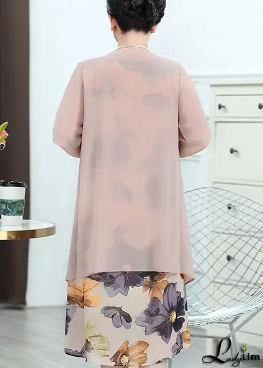 Chic Pink O-Neck Print Patchwork Chiffon Two Piece Suit Summer
