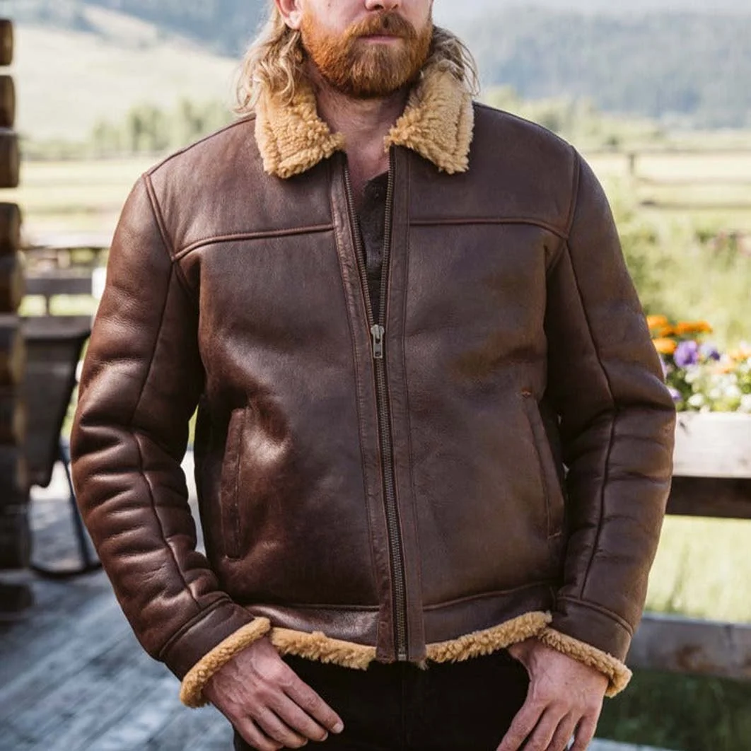 Men's Vintage Leather Shearling Fleece Fur Lapel Collar Outdoor Bomber Jacket-inspireuse