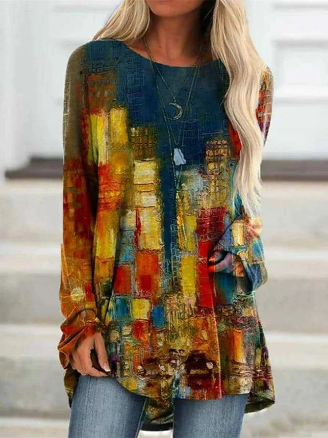 Women's Gradient Printed Scoop Neck Long Sleeve Top
