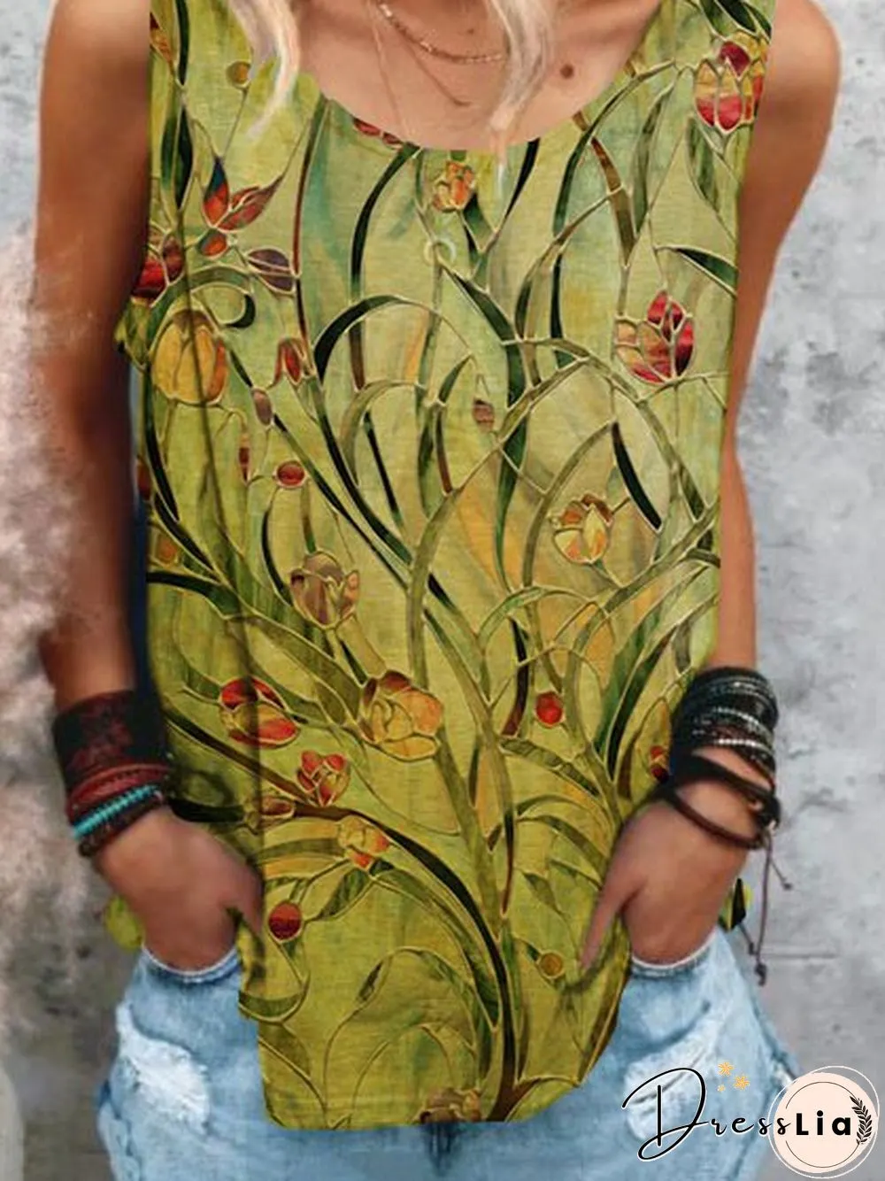 Women Summer Casual Crew Neck Vintage Floral-Print Tank Top