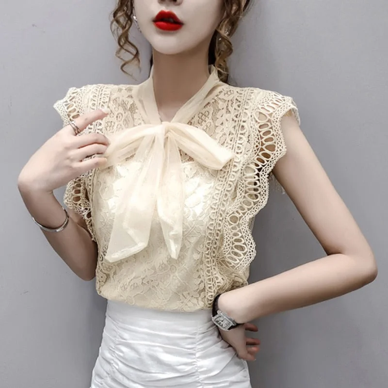 Korean Sleeveless Summer Tops and Blouses Solid Hollow Out Shirt Fashion Vintage 2021 Womens Lace Patchwork Clothing Blusas 9811