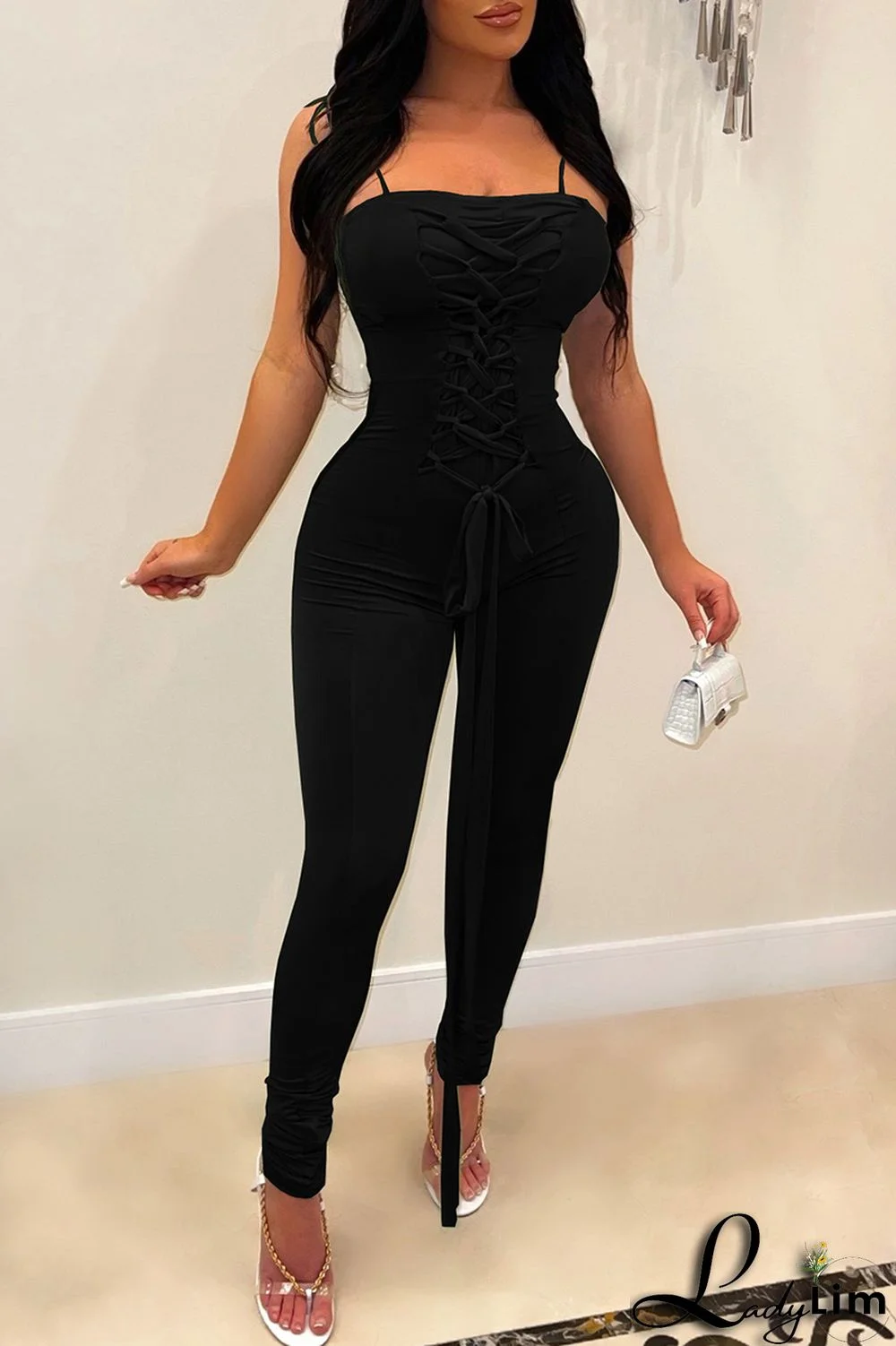 Black Fashion Sexy Solid Bandage Backless Spaghetti Strap Skinny Jumpsuits