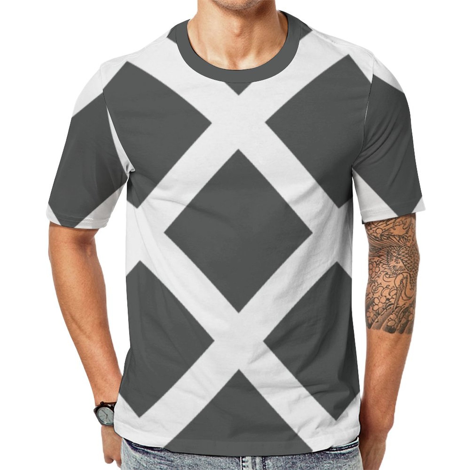 Charcoal Gray And White Criss Cross Stripes Short Sleeve Print Unisex Tshirt Summer Casual Tees for Men and Women Coolcoshirts