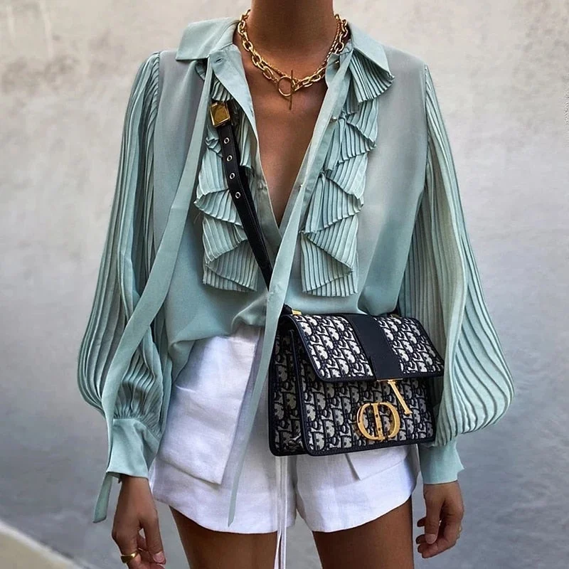 Women Tops And Bloues Chiffion Ruffled Bow Tied Pleated With Button Shirt Chic Tops Mujer Sweet Tops For Women Full Sleeves