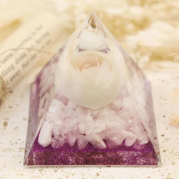 olivenorma orgone pyramid with white rose and rose quartz