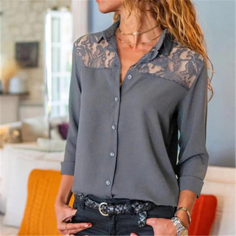 Uveng Solid Color Lace Button Shirt Blouses