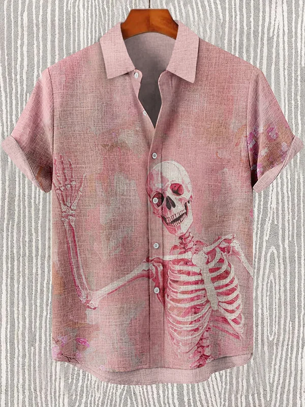 Men's Pink Halloween Smiling Skeleton Graphic Print Casual Shirt
