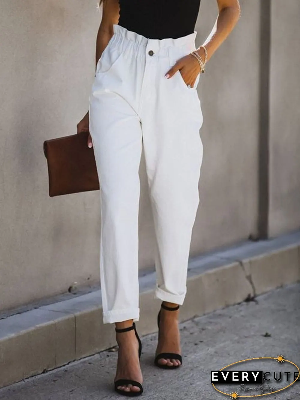 Women Casual Plain Autumn Natural Loose Elastic Band Straight pants Long H-Line Casual Pants