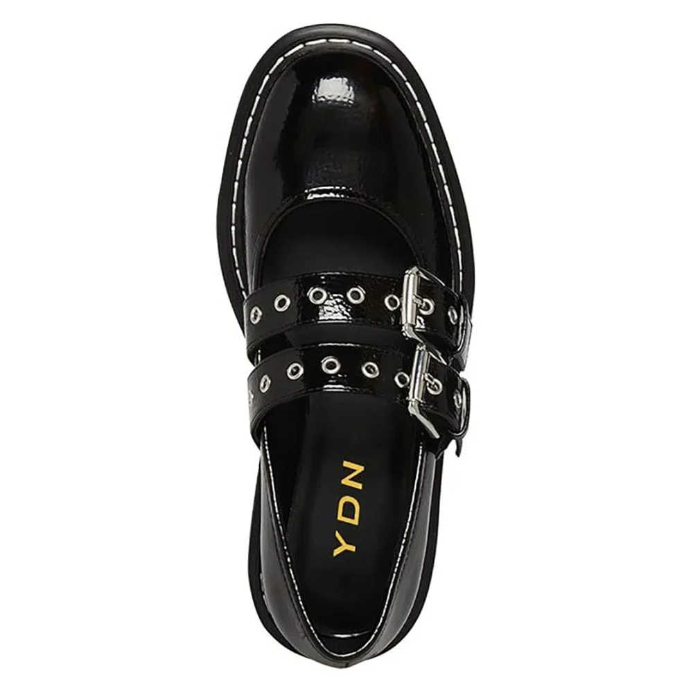 Black Patent Leather Heeled Platform Mary Jane Pumps with Two Straps
