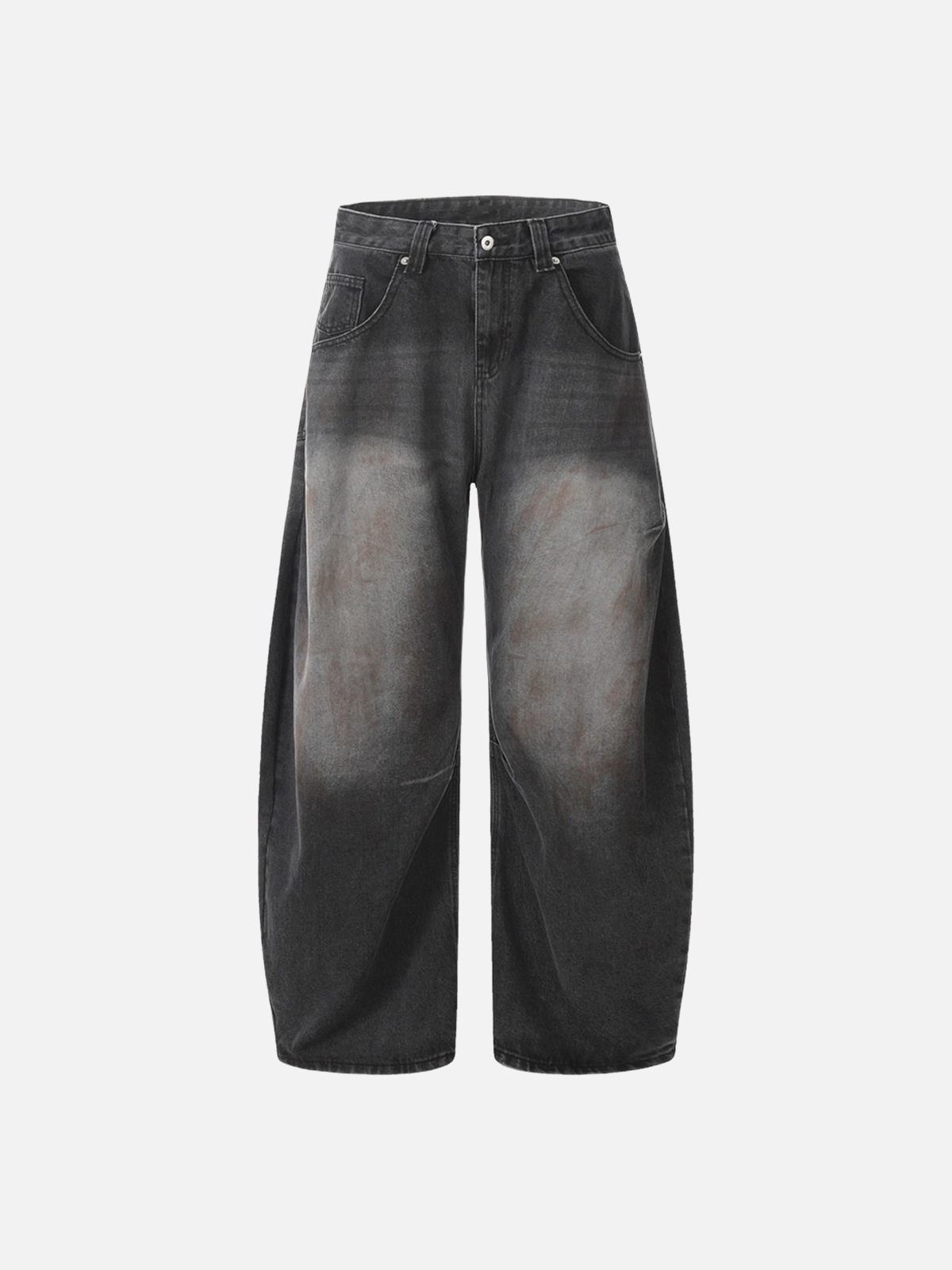 Black Distressed Wrinkle Scimitar-Cut Baggy Jeans Front