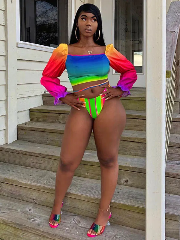 Rainbow Gradient Square-Neck Long Sleeve Hipster Fashion Tankini Swimwear