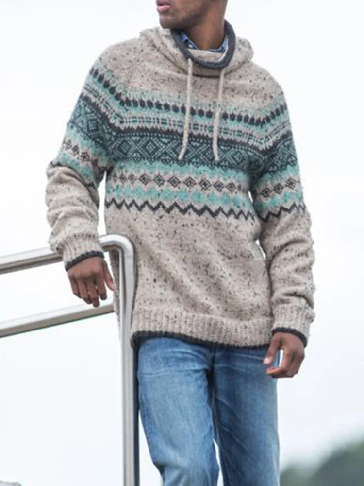 Men'S Vintage Knitted Jacquard Hooded Sweater
