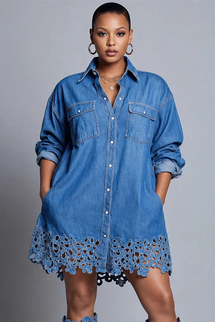 Xpluswear Design Plus Size Daily Blue Shirt Collar Long Sleeve Cut Out Pocket Denim Mini Dresses [Pre-Order] 2024 - Xpluswear