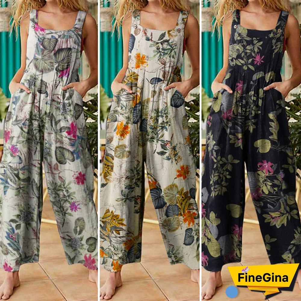 Women Sleeveless Floral Print Cotton Jumpsuits Vintage Bib Pants Long Trousers Plus Size Summer Palazzo Overalls Dungarees