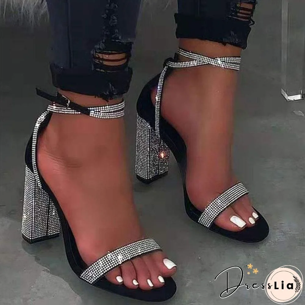 Women Fashion Rhinestone Buckle Strap High Heel Sandals