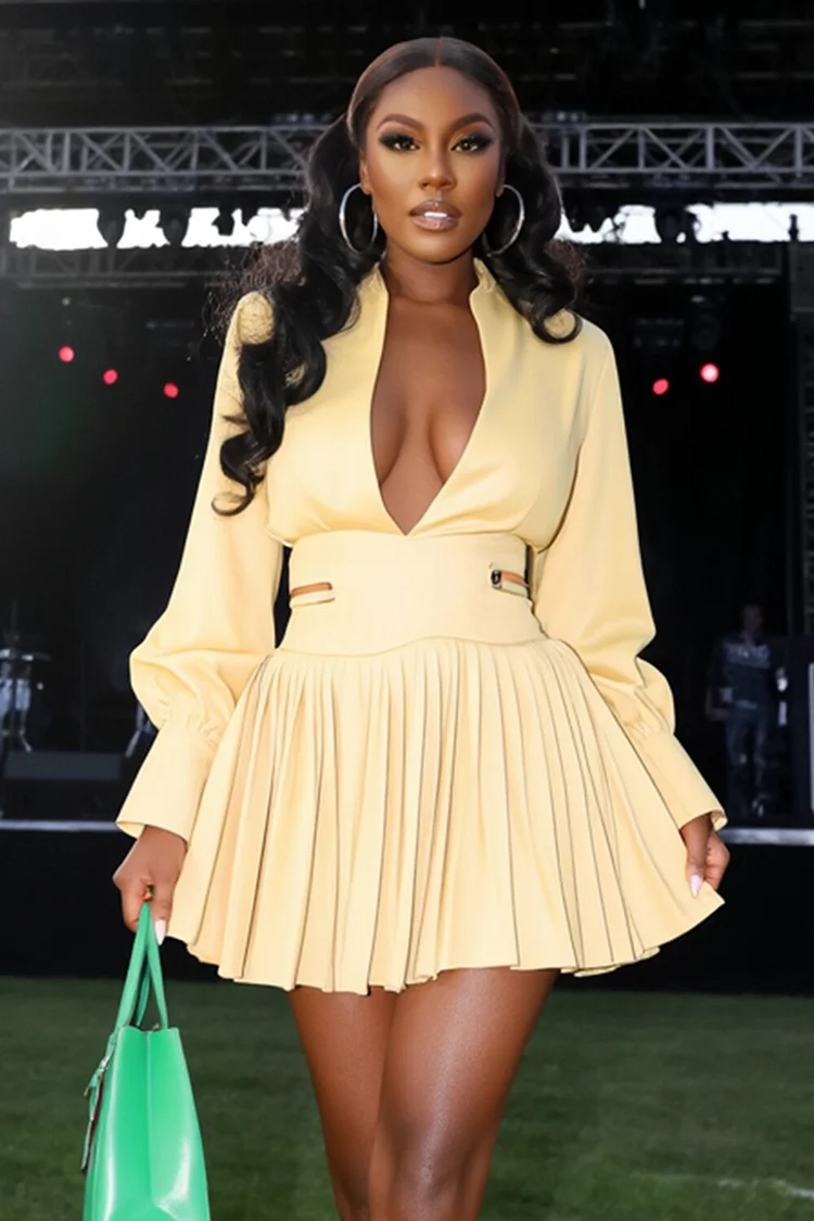 Deep V Neck Lantern Sleeve Cinched Pleated Mini Dresses-Yellow [Pre Order]