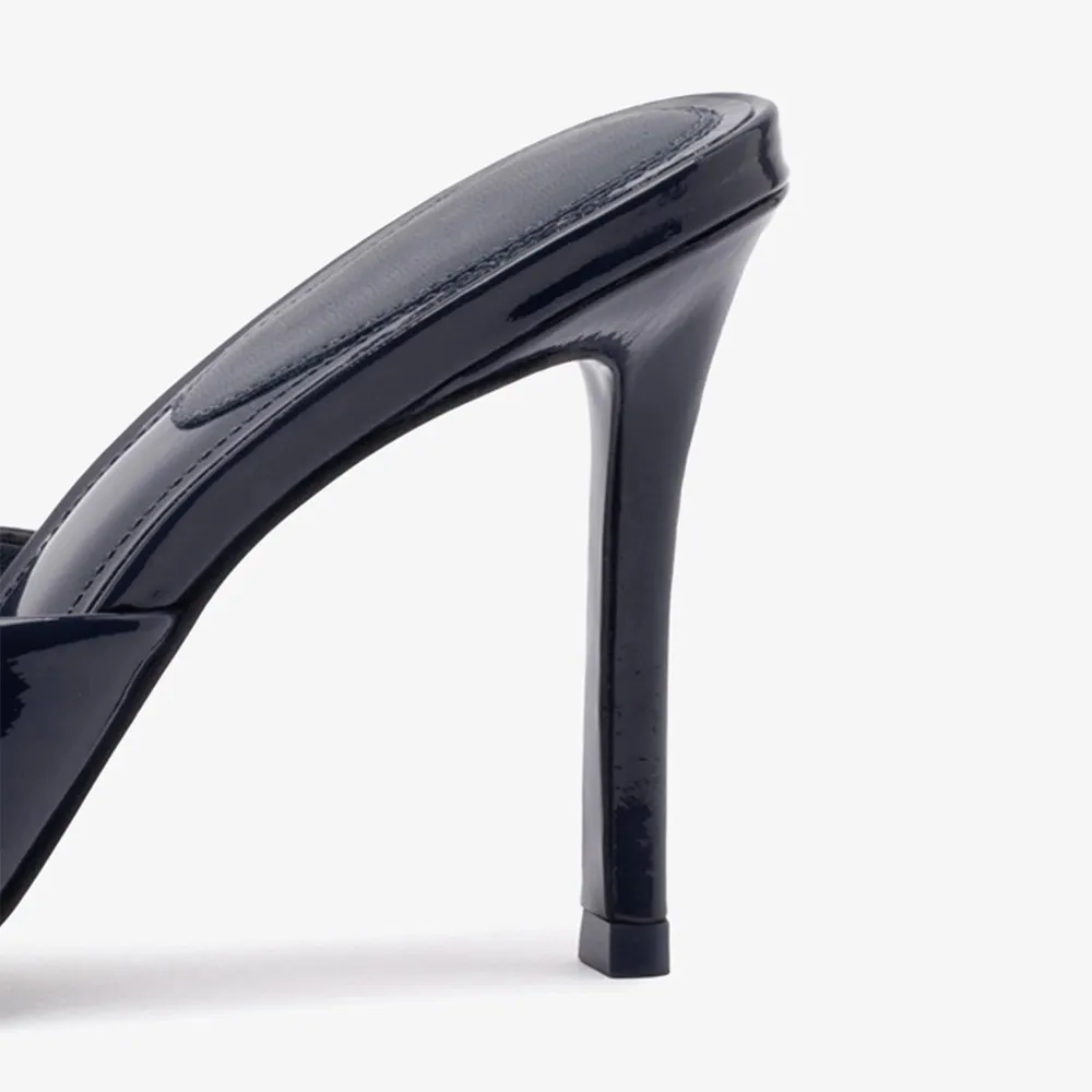 Navy Patent Leather Open Toe Mules Sandals with Stiletto Heels