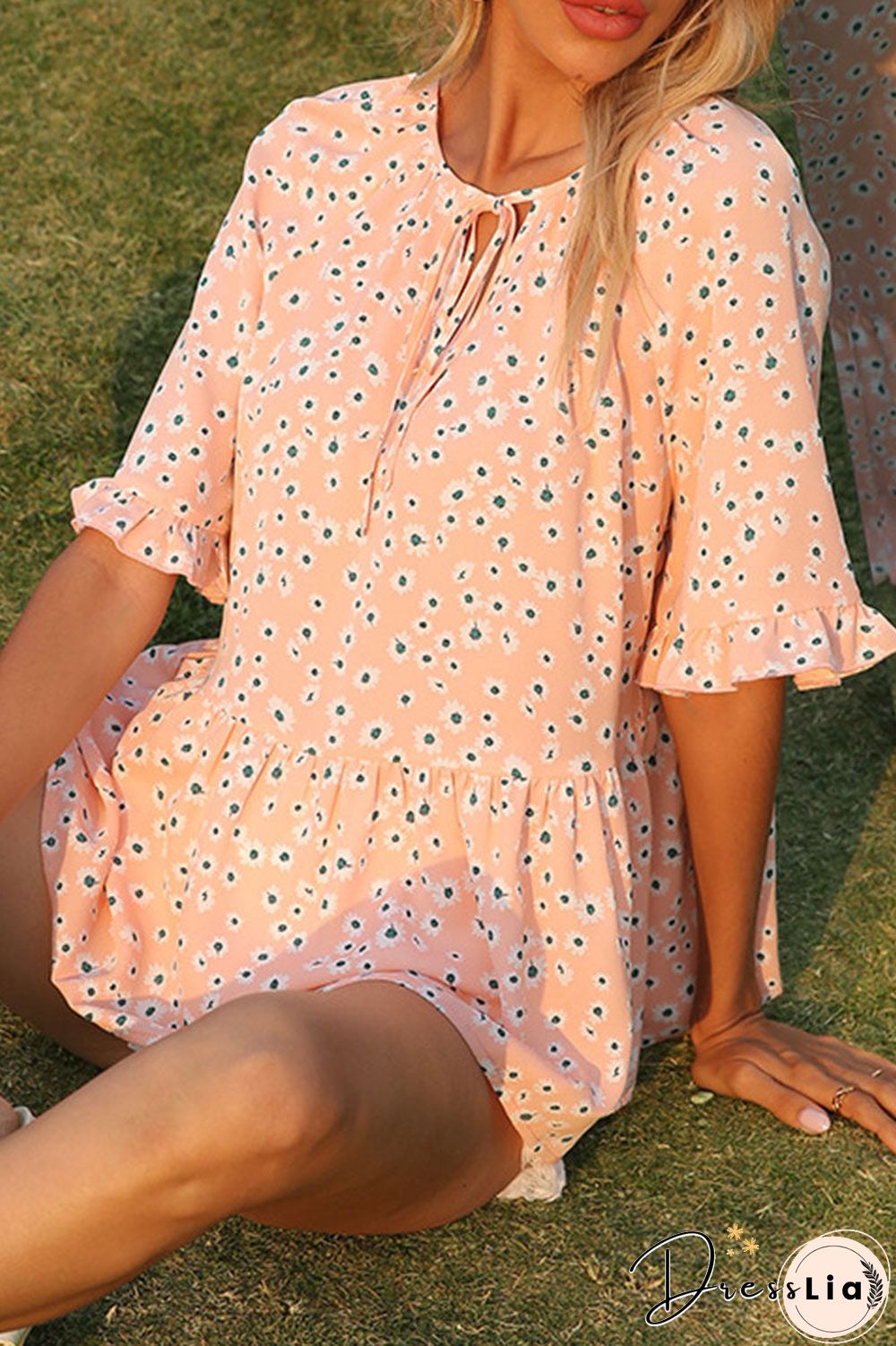 Fashion Sweet Print Split Joint V Neck Tops