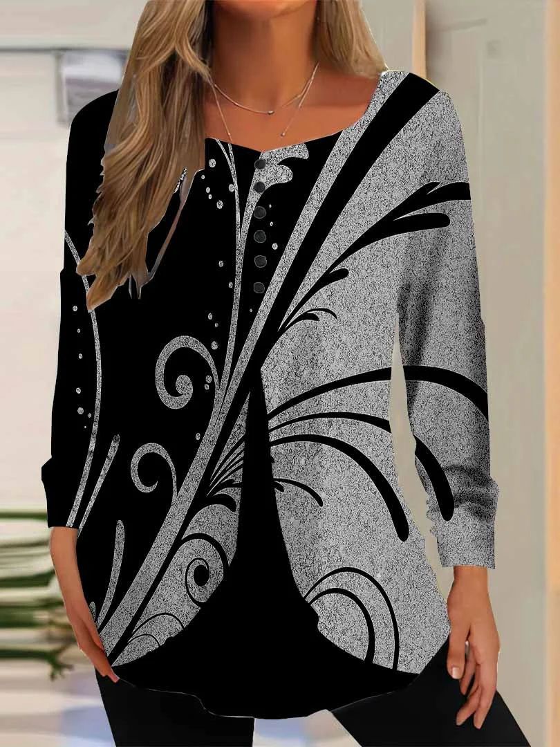 Women Graphic,Black DZGG8327 Long Sleeve Scoop Neck Printed Graphic Button Fake 2in1 Tops