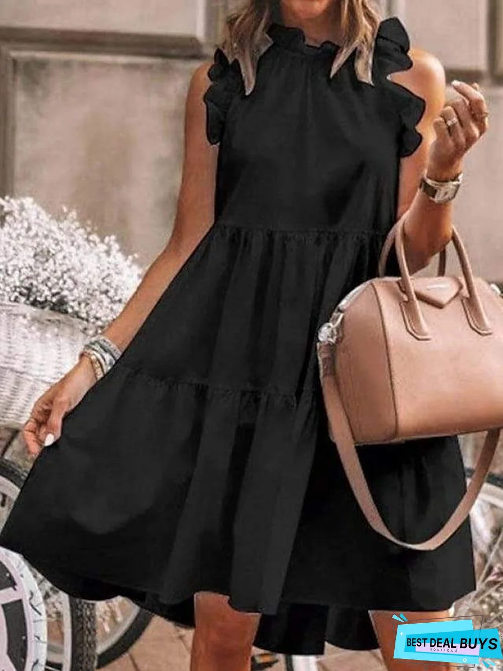Women's A Line Dress Knee Length Dress White Black Green Dusty Blue Gray Sleeveless Solid Color Ruched Ruffle Patchwork Spring Summer Round Neck Elegant Casual White Dresses