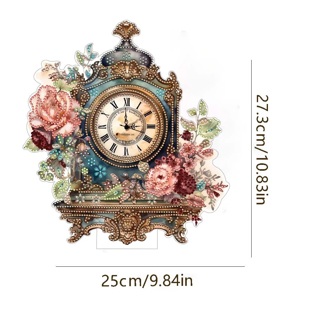 DIY Vintage Flowers Acrylic Special Shaped 5D Diamond Painting Clock Art Craft