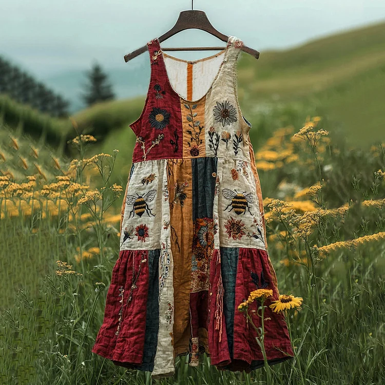 Insect Bee Wildflower Floral Embroidery Art Linen Tank Dress